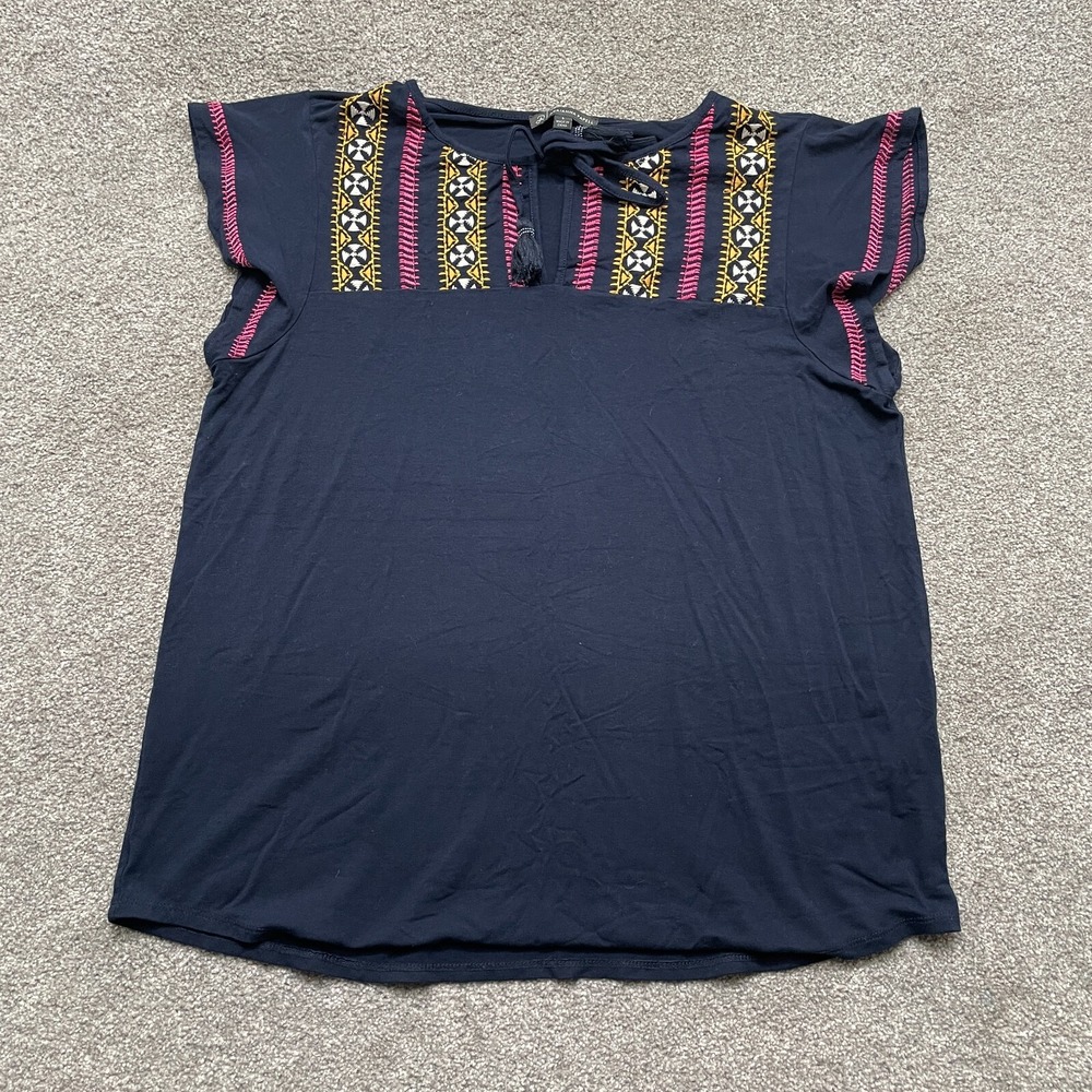Adrianna Papell Top Adult Large Navy Blue Multicolor Embroidered Short Sleeve